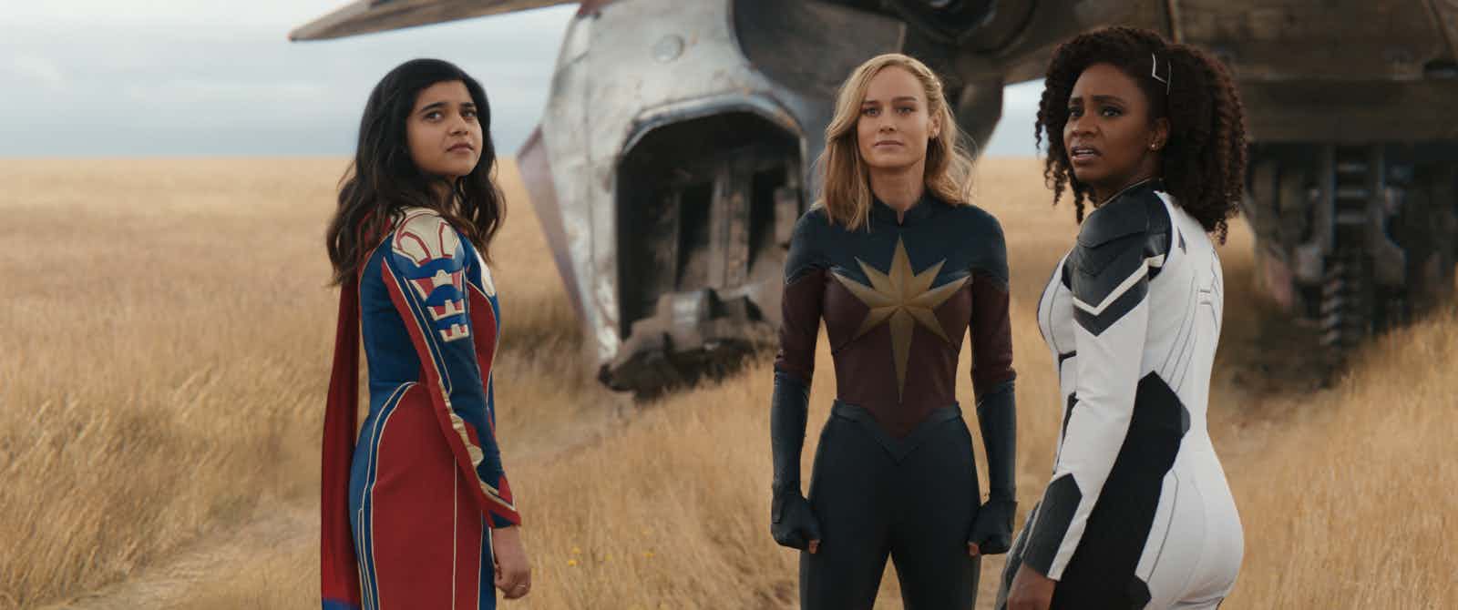 Iman Vellani as Kamala Khan / Ms. Marvel, Brie Larson as Carol Danvers / Captain Marvel, Teyonah Parris as Monica Rambeau in 'The Marvels' (2023, Marvel Studios)