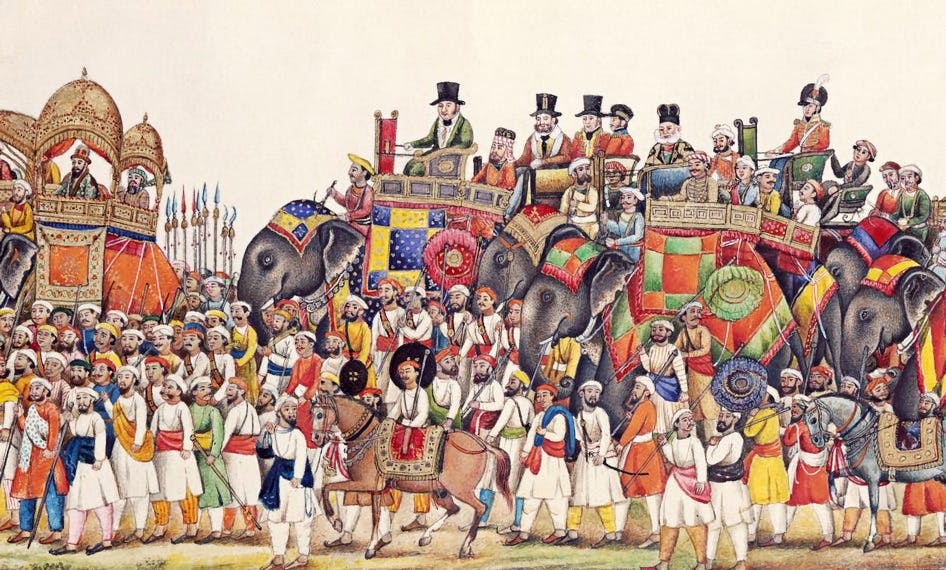 Panorama of a darbar procession of Mughal Emperor Akbar II, 1806–37. The Emperor is followed by the British Resident. Gouache painting, made around 1815 by an unknown artist from Delhi. 
