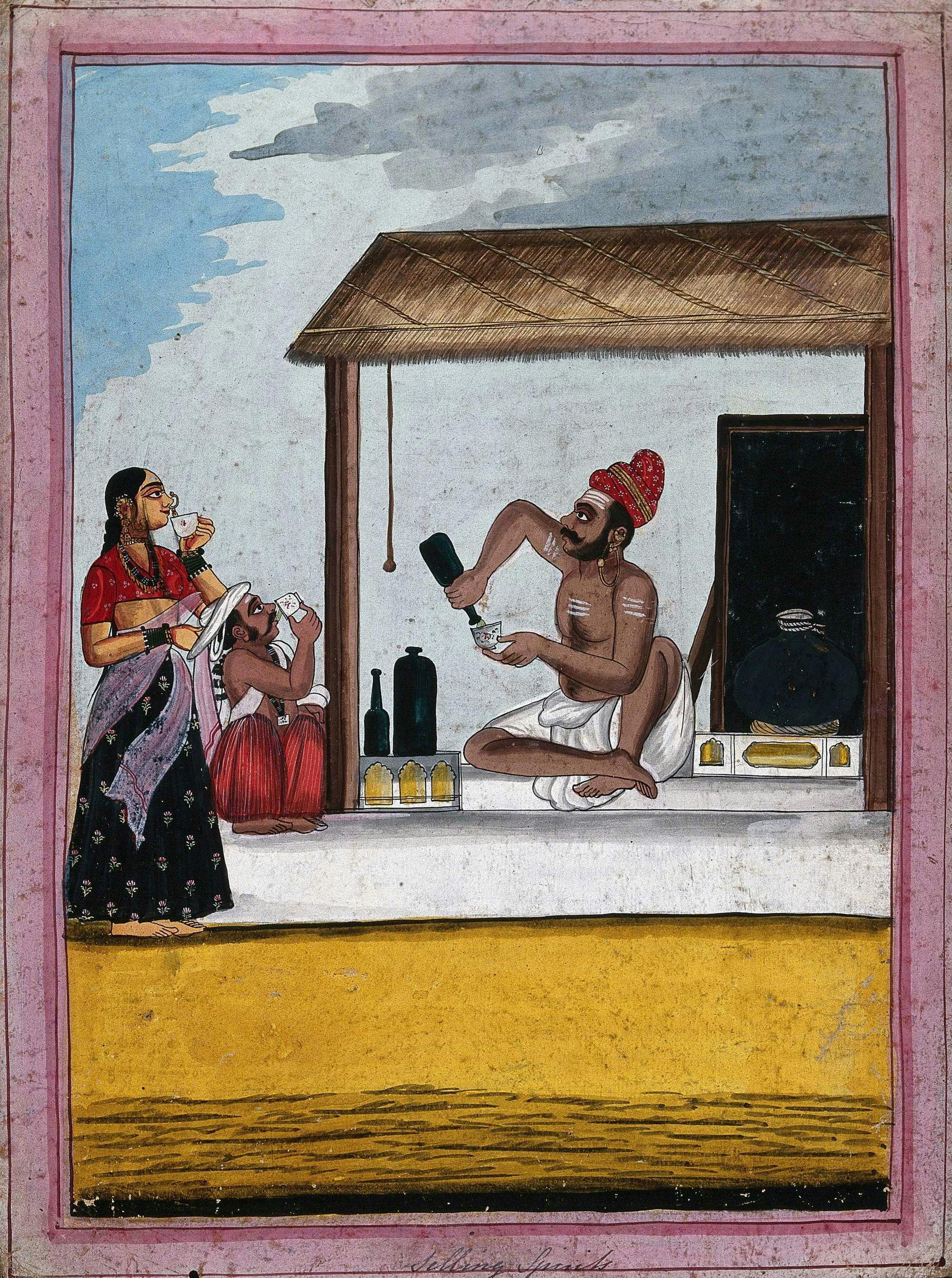 An Indian man selling alcohol to a couple, gouache drawing (Wikimedia)