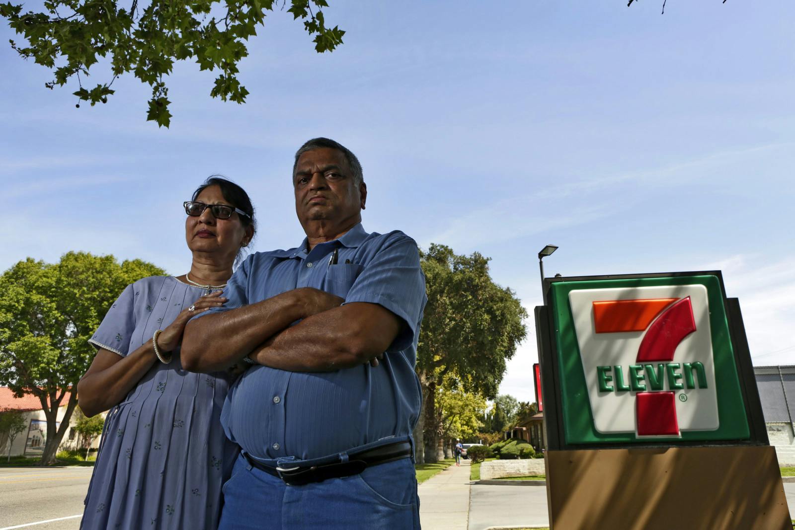 Dilip Patel, 63, right, and wife Saroj, 60, owned a 7-Eleven store in Riverside for nearly two decades (Irfan Khan/Los Angeles Times via Getty Images)