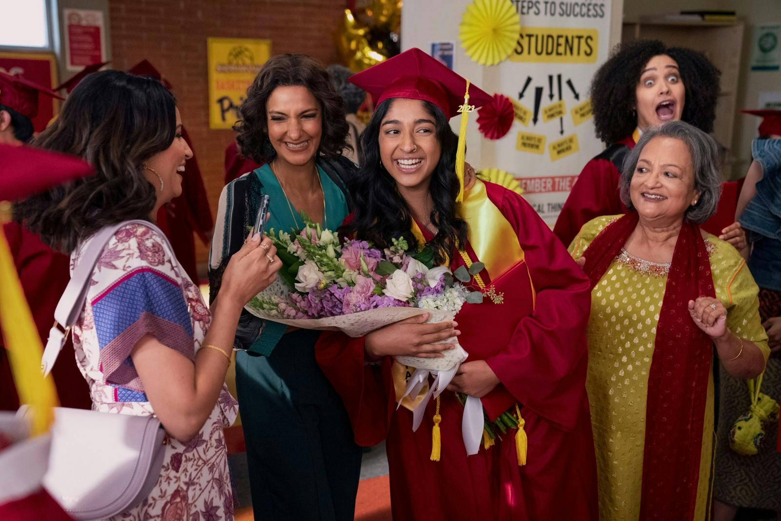Kamala (Richa Moorjani), Nalini (Poorna Jagannathan), Devi (Maitreyi Ramakrishnan), and Nirmala (Ranjita Chakravarty) (Never Have I Ever Season 4, Netflix)