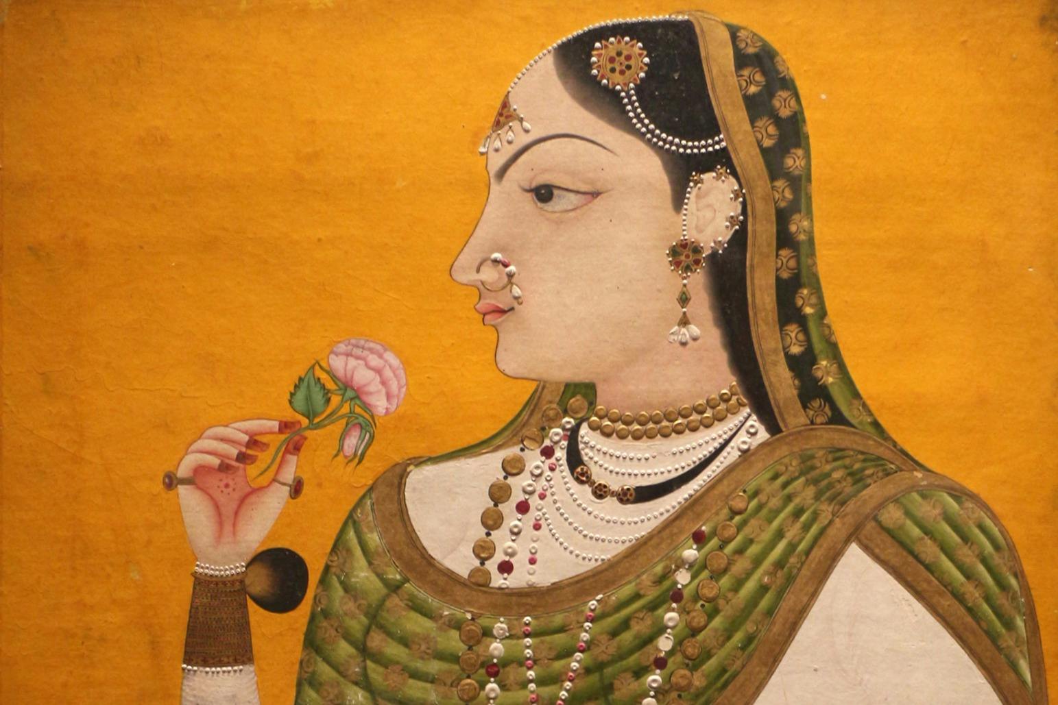 Deccan, donna seduta con fiore, hyderabad, 1710 ca