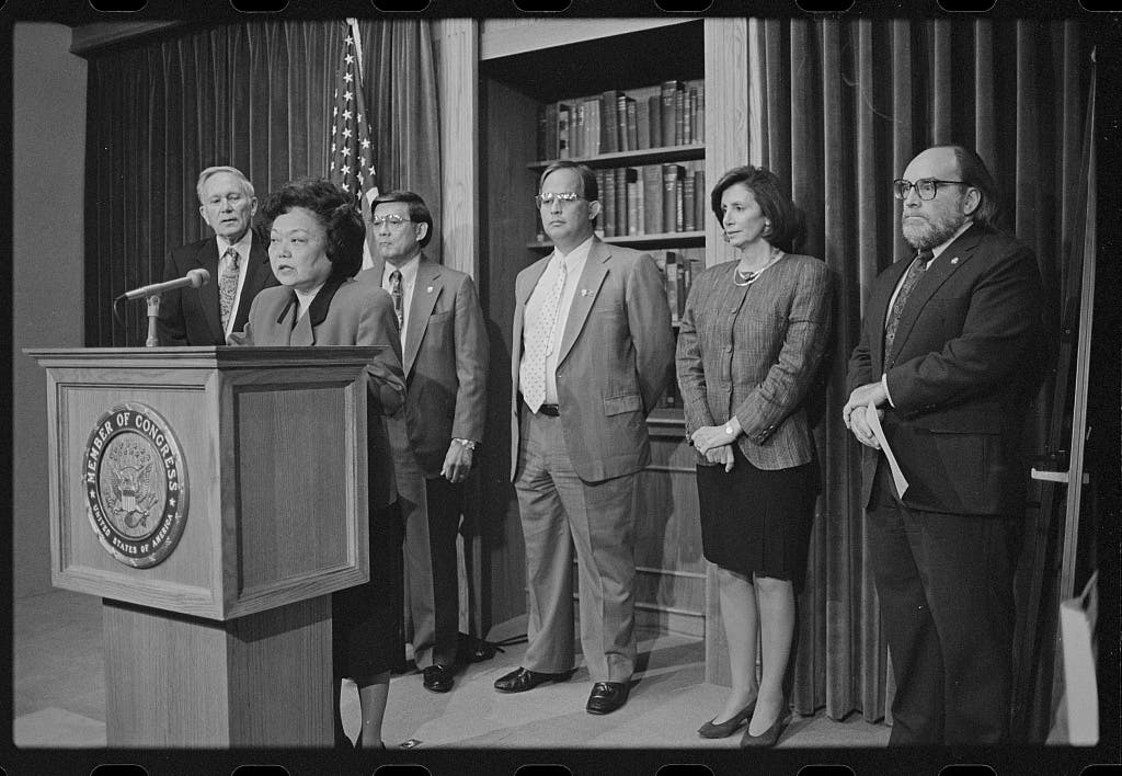 Rep. Patsy Mink (D-HI) announces the formation of the Congressional Asian Pacific American Caucus at a press conference in May 1994. (Laura Patterson via Library of Congress)