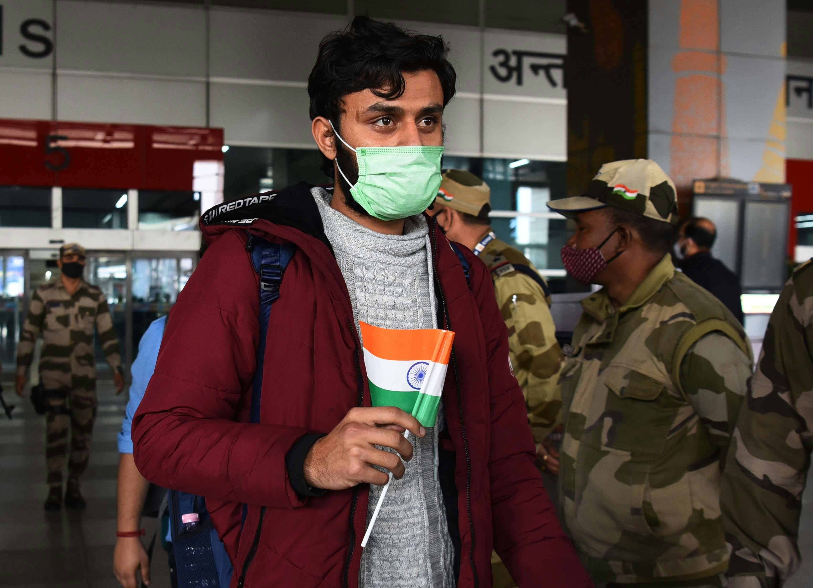 NEW DELHI, INDIA - FEBRUARY 27, 2022: The second evacuation flight of Air India, carrying 250 Indian nationals stranded in Ukraine, landed at Indira Gandhi airport during the wee hours of Sunday. The flight took off from Romanian capital Bucharest on Saturday evening. (Sanjeev Verma/Hindustan Times via Getty Images)