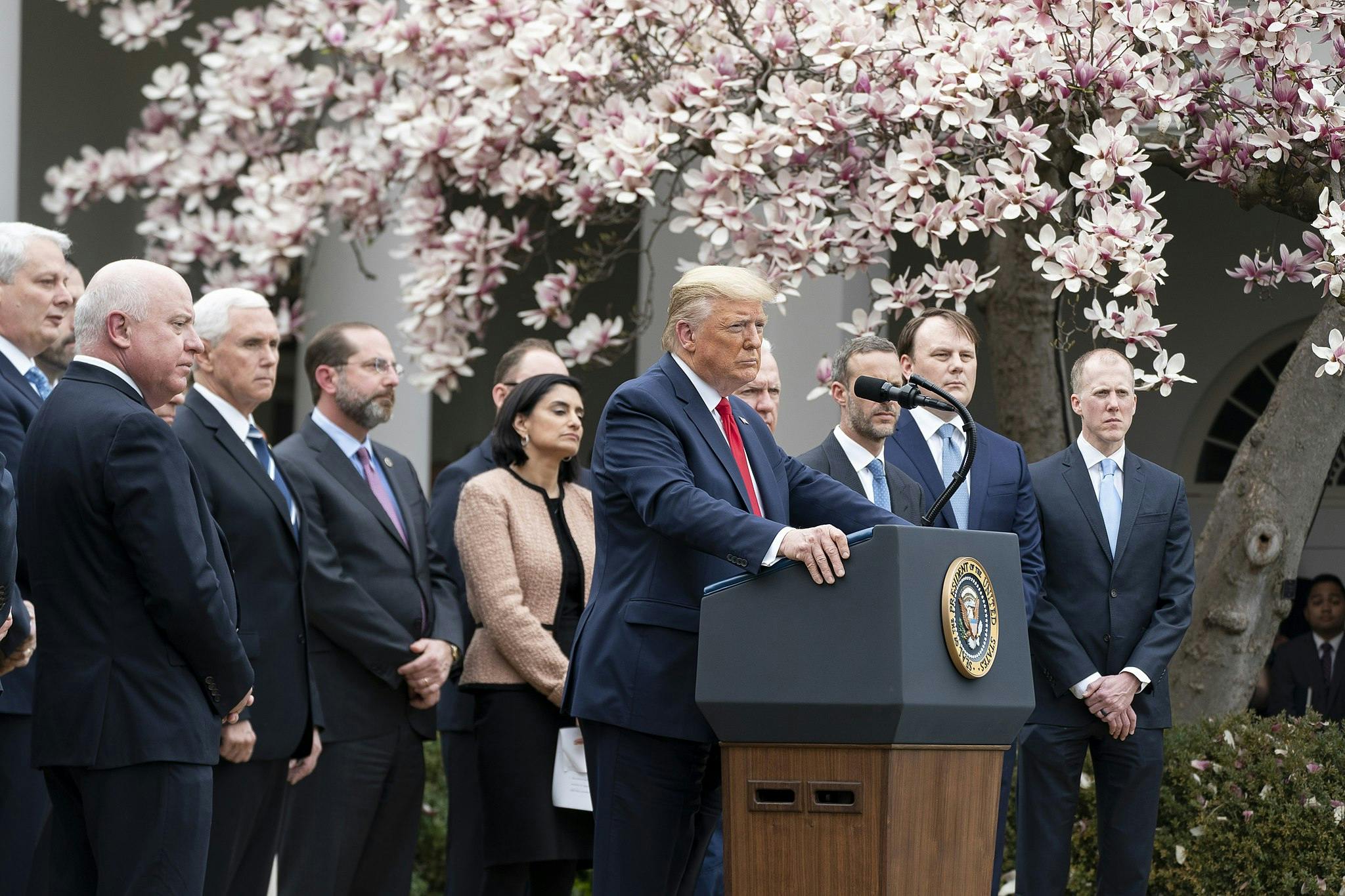 President Donald J. Trump listens to a reporter’s question after announcing a national emergency to further combat the Coronavirus outbreak, at a news conference Friday, March 13, 2020, in the Rose Garden of the White House. (Official White House Photo by Shealah Craighead)
