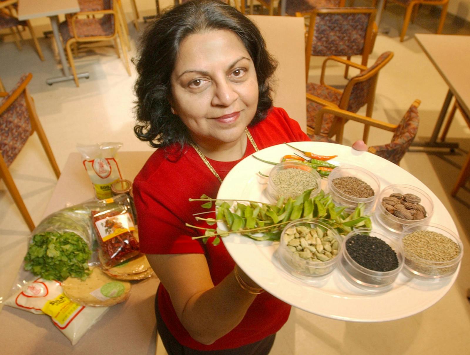 2/16/05 BOSTON, MA: Chef and author Julie Sahni at Boston University.Red whole chilis, corriander, natural tamarind concentrate. (Patrick Whittemore/MediaNews Group/Boston Herald via Getty Images)