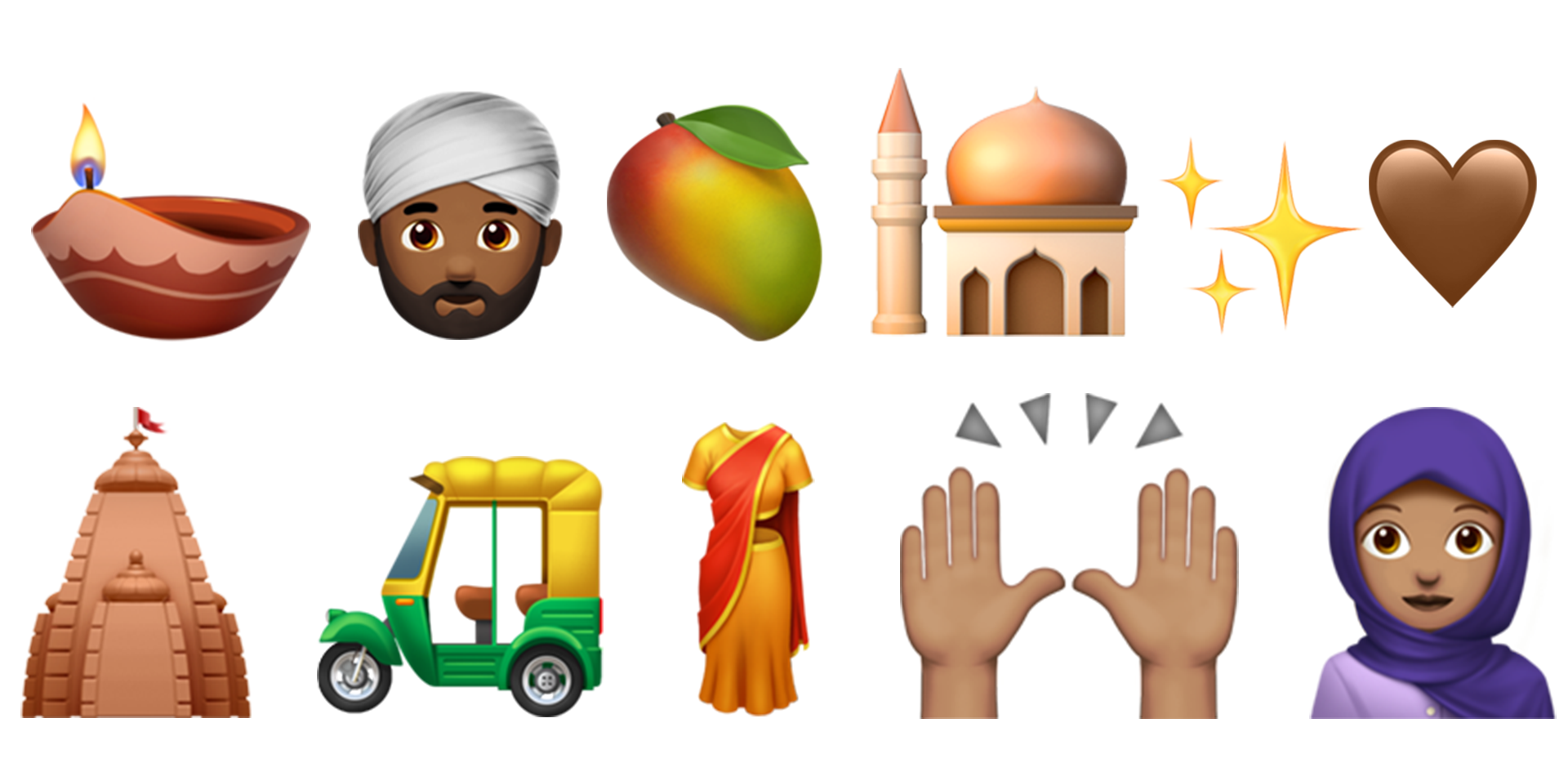 Emojis that have been added in recent years, from the brown heart (2019), sari (2019), and tuk-tuk (2019), to the woman with a headscarf (2017)