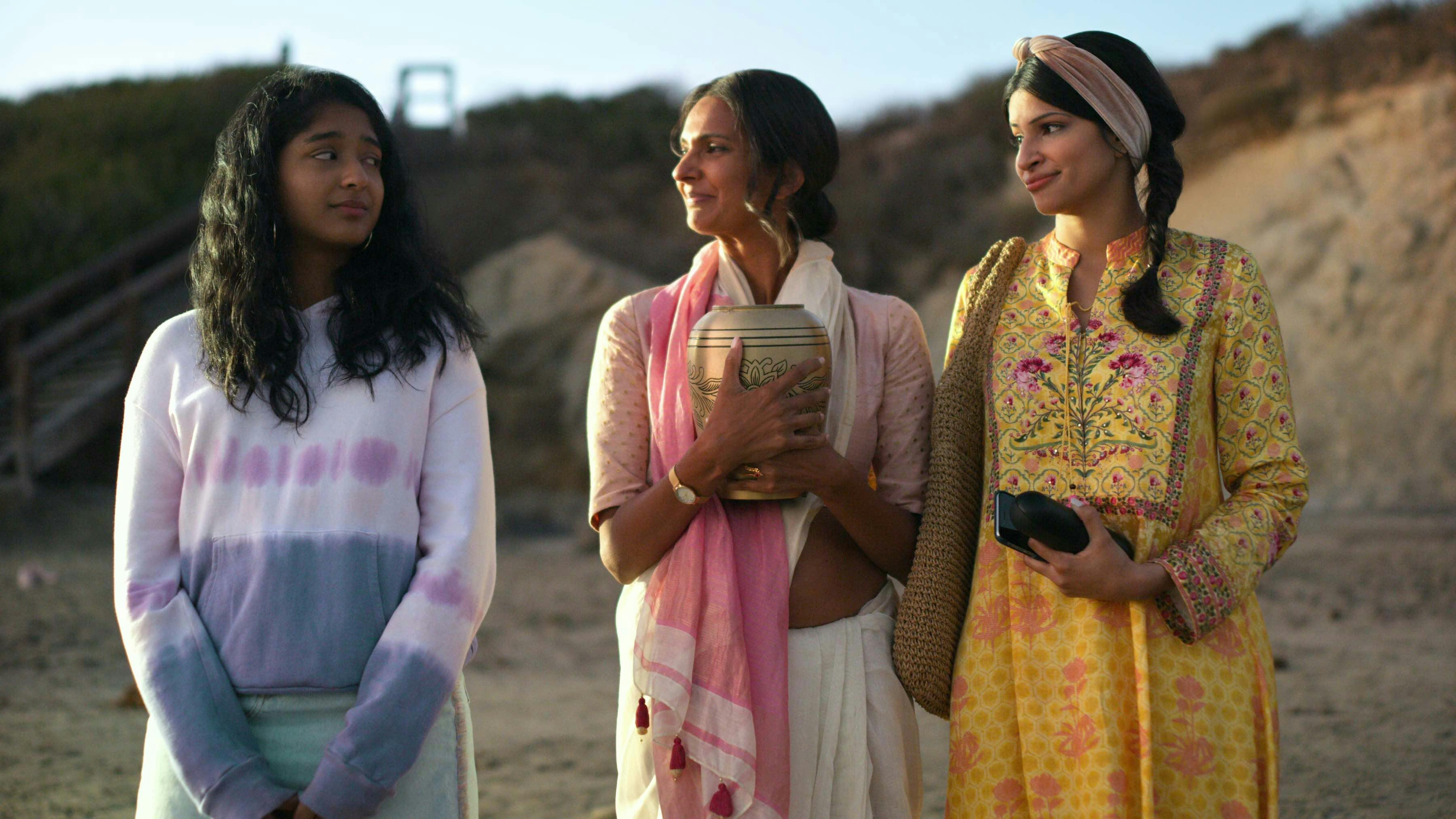 Devi (Maitreyi Ramakrishnan), Nalini (Poorna Jagannathan), and Kamala (Richa Moorjani) in Never Have I Ever (Netflix)