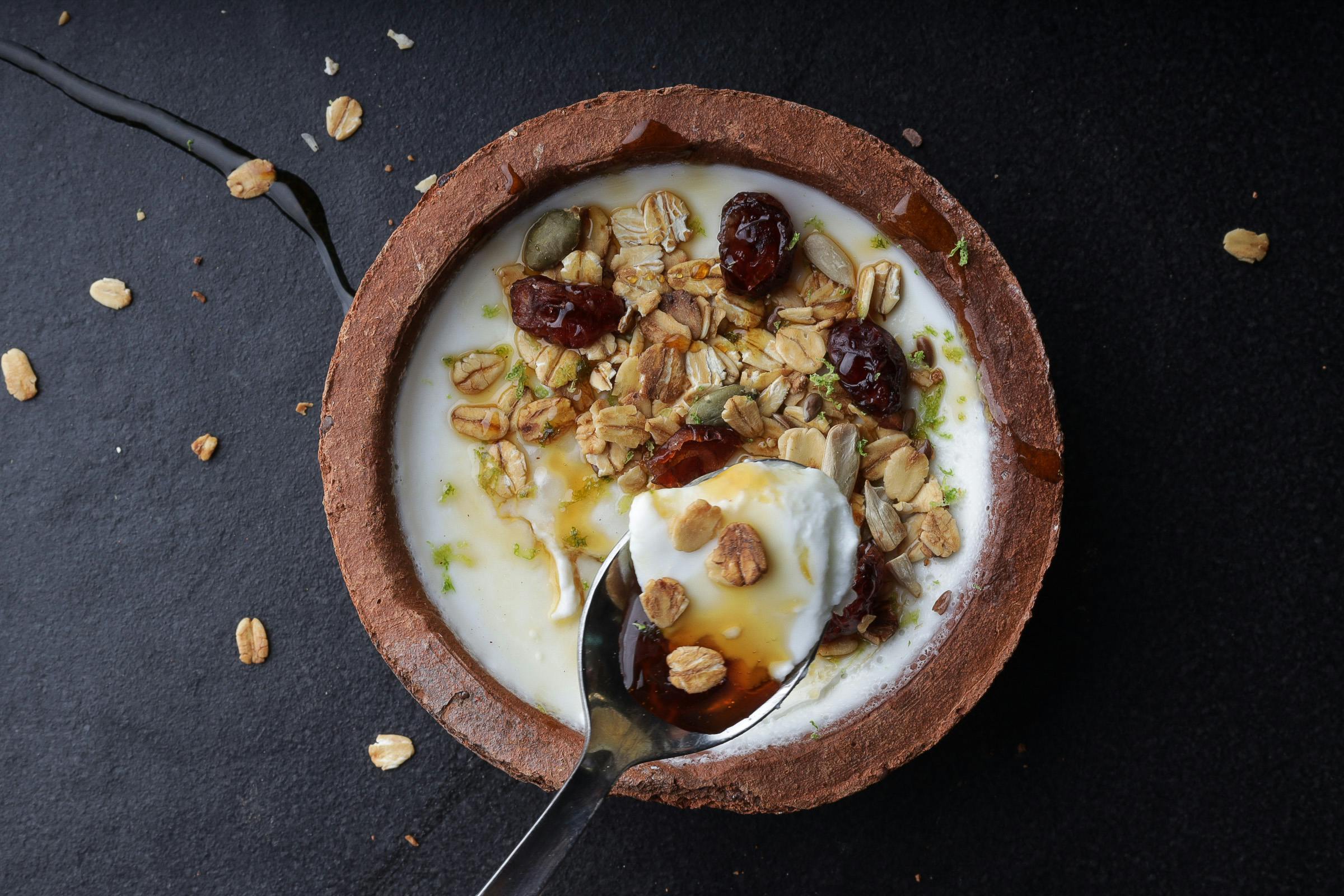 Buffalo milk curd topped with granola and kithul syrup. (Photo: Karvin Fernando)