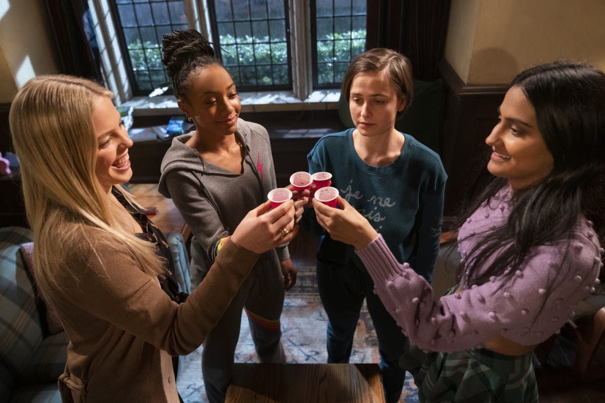 Reneé Rapp, Alyah Chanelle Scott, Pauline Chalamet, and Amrit Kaur (L to R) in "The Sex Lives of College Girls" (HBO Max)