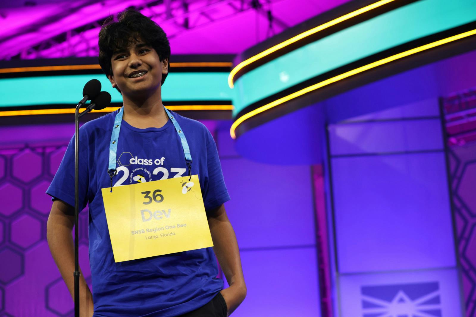 Dev Shah of Largo, Florida in the final round of the 2023 Scripps National Spelling Bee at Gaylord Convention Center on June 1, 2023 in Maryland (Alex Wong/Getty Images)
