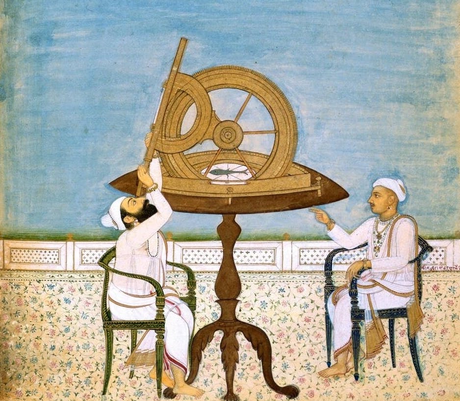 Lehna Singh Majithia stargazing with a telescope accompanied by an astrologically inclined pundit (Wikimedia Commons)