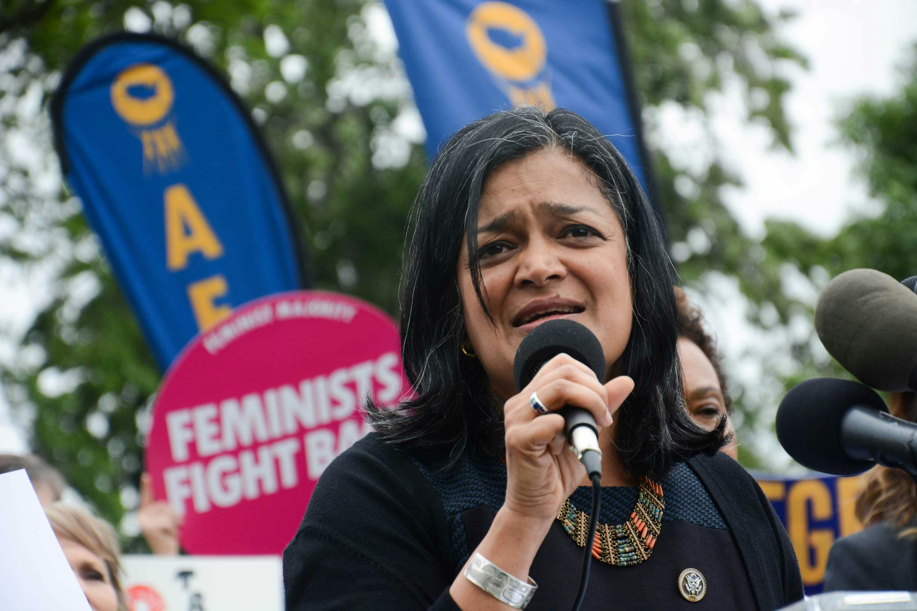 Lawmakers, community organizations, and unions — including Pramila Jayapal — gathered in 2017 on the grounds of the U.S. Capitol to voice concerns about the Trump administration’s budget. (AFGE)