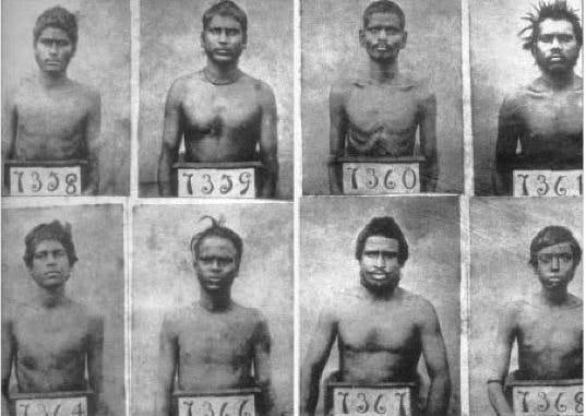 A historical mugshot depiction of indentured laborers the moment they set foot on South African shores. They were only identified by colonial numbers. (From Cane Fields to Freedom)