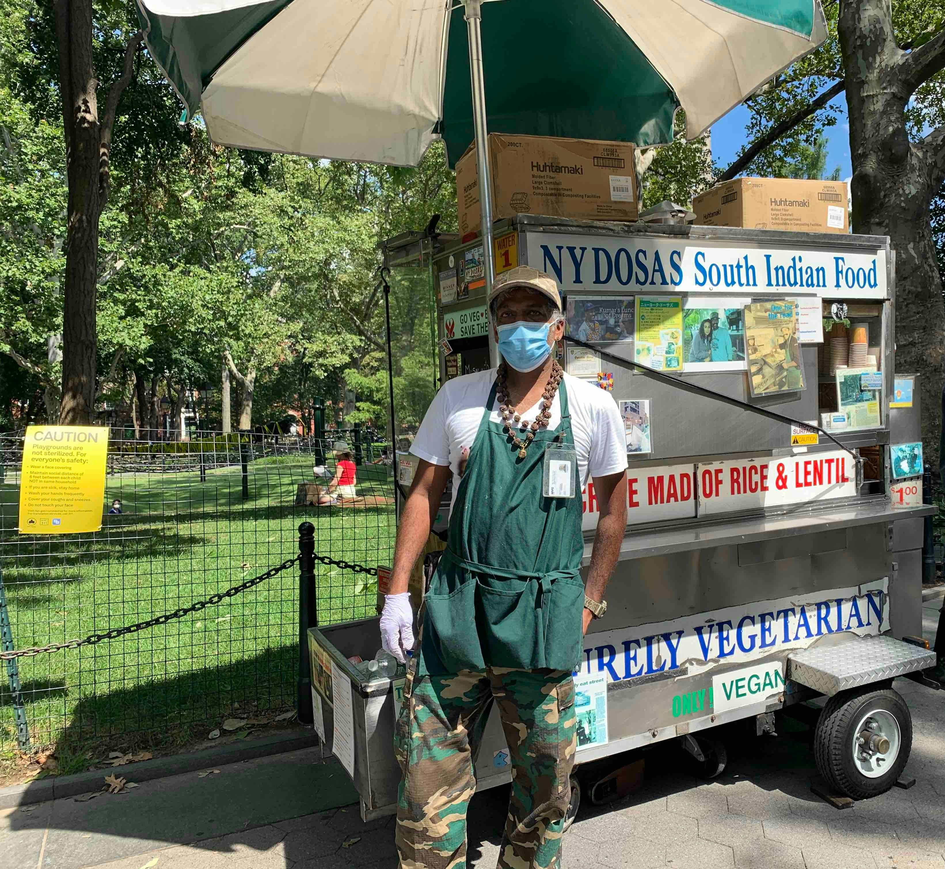 Thiru Kumar in front of NY Dosas, his iconic dosa cart (Sept, 4, 2020) (The Juggernaut)