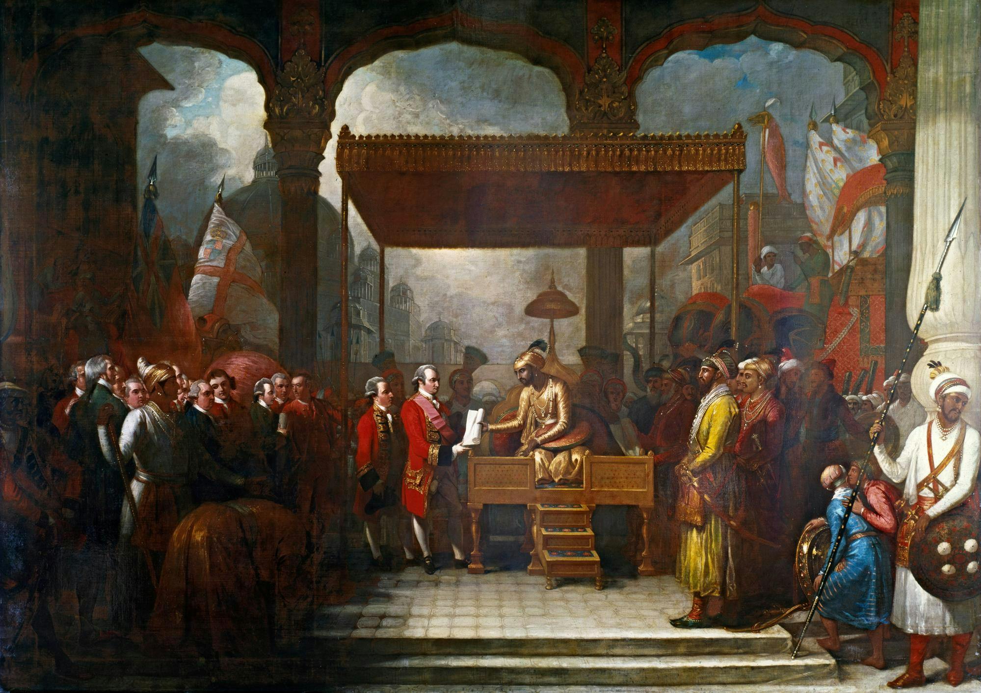 'Shah 'Alam, Mughal Emperor (1759–1806), Conveying the Grant of the Diwani to Lord Clive, August 1765' by Benjamin West (British Library)